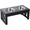 23" Modern Decorative Dog Bone Wooden Heavy Duty Elevated Dog Bowl Feeding Station - Black